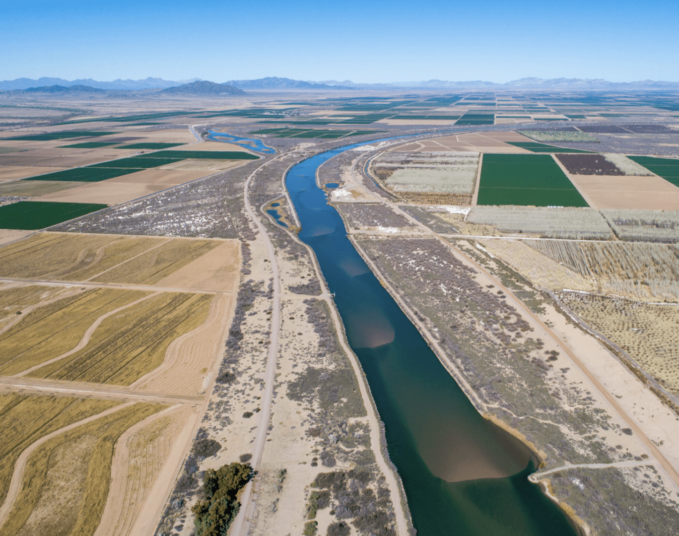 Aerial view of irrigation canal and farmland