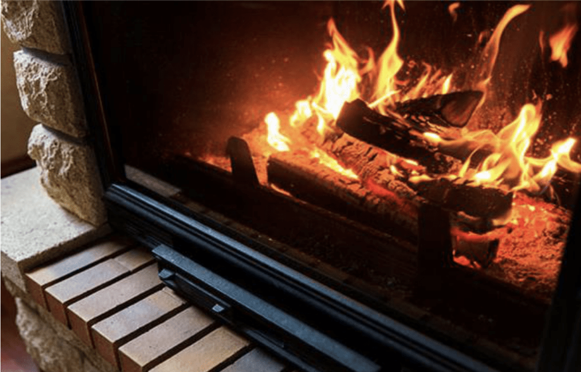 Cozy wood-burning fireplace with glass door
