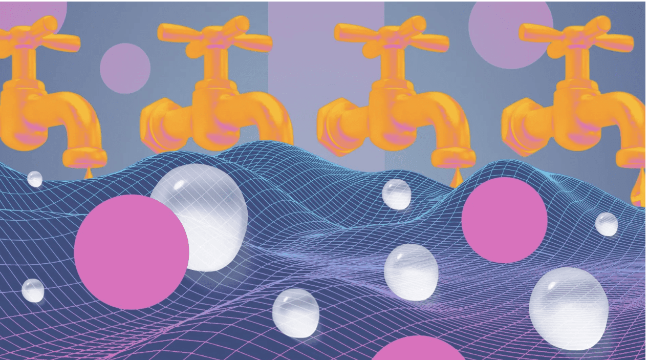 Stylized faucets over digital wave with bubbles