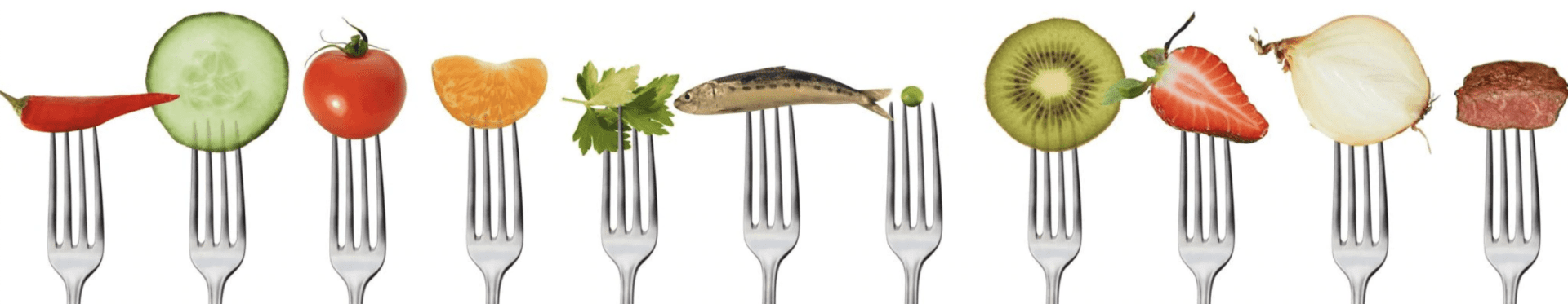 Forks with pepper, cucumber, tomato, and more