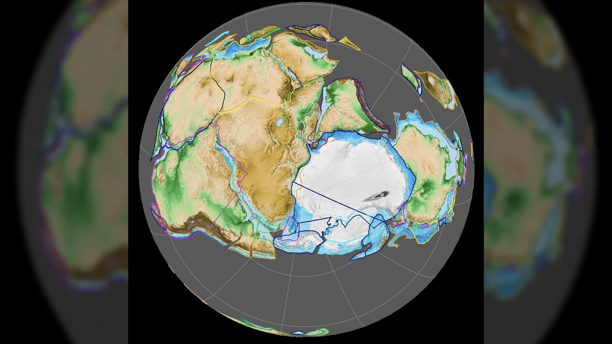 Reconstructed paleogeographic globe showing ancient continents