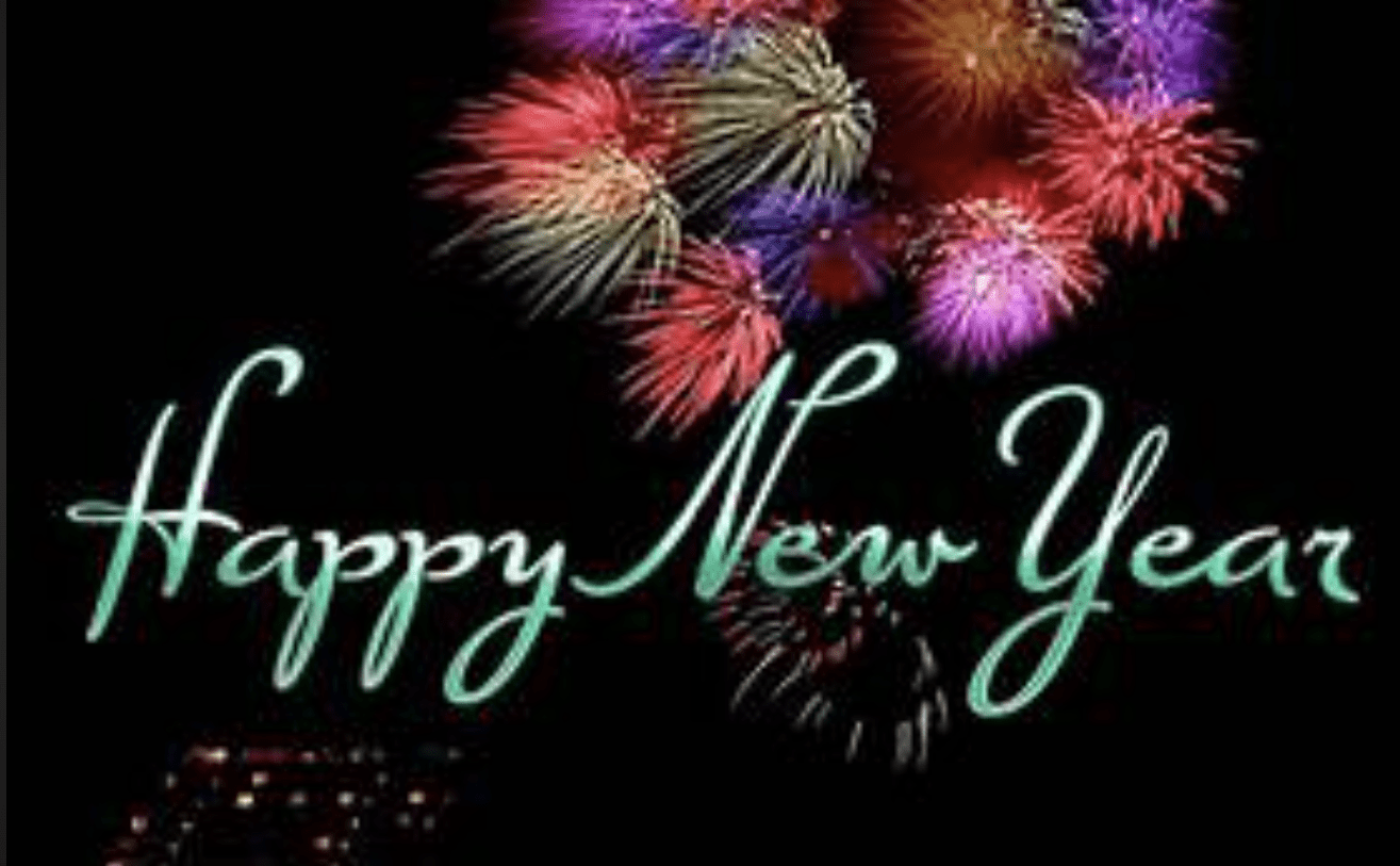 Fireworks with cursive Happy New Year text