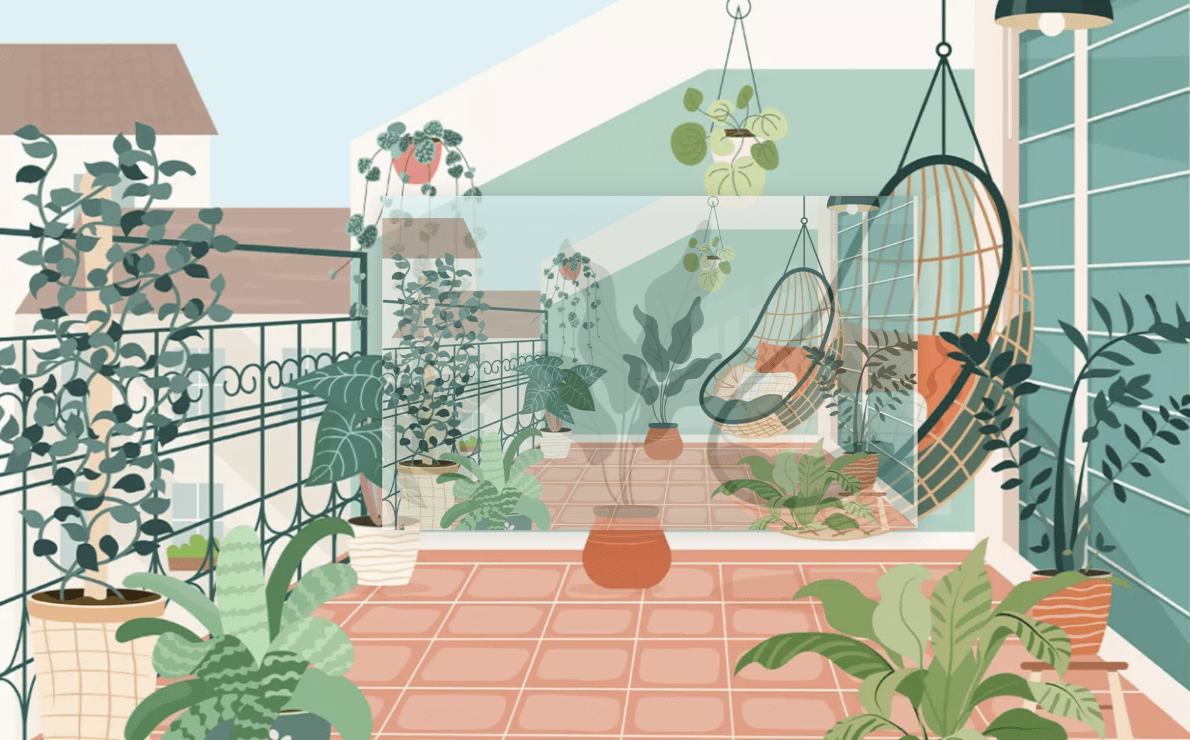 Illustrated balcony filled with potted plants