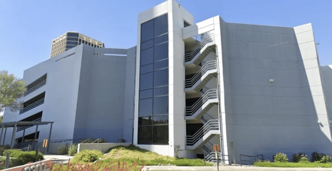 Gray office building with exterior staircase
