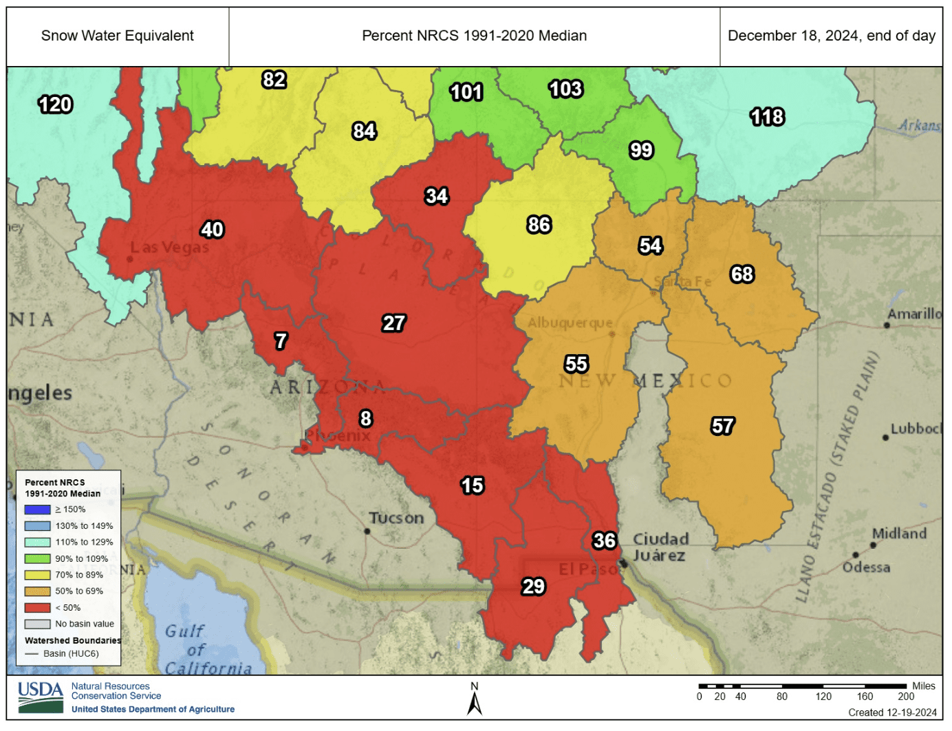 Snow water equivalent map Southwest December 2024
