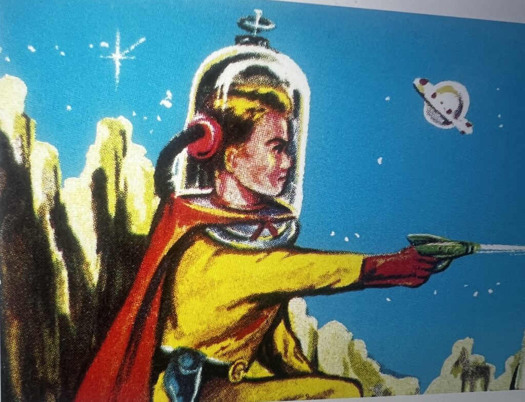Vintage astronaut firing a ray gun