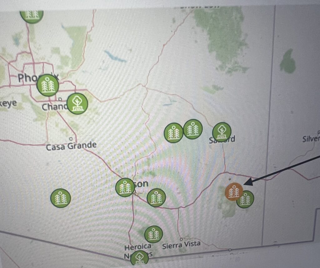 Map of Arizona showing tree location markers