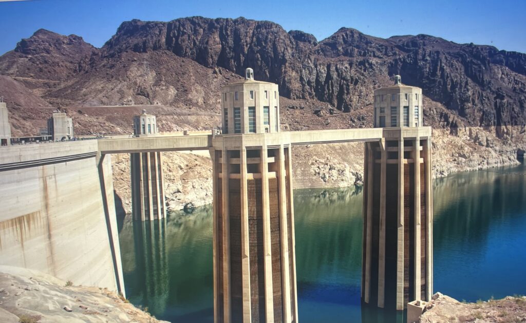 Hoover Dam intake towers and reservoir