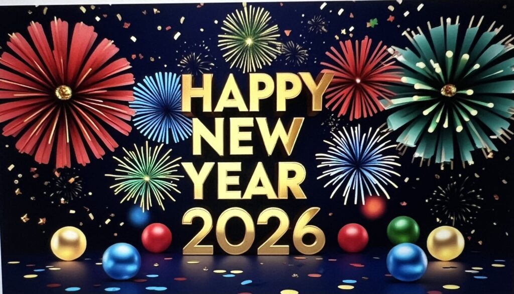 Golden Happy New Year 2026 sign with fireworks