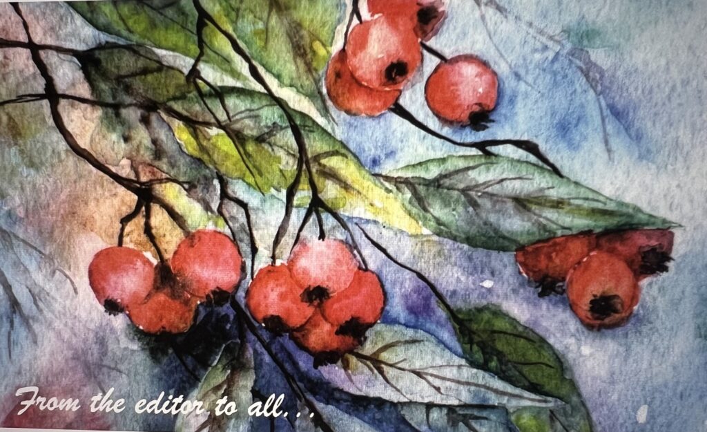Watercolor painting of red berries and leaves