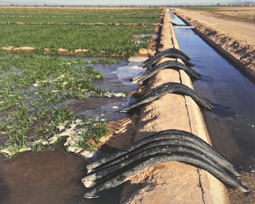 Irrigation canal with water spilling into field