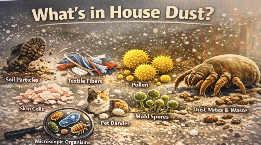Detail infographic showing common components of house dust